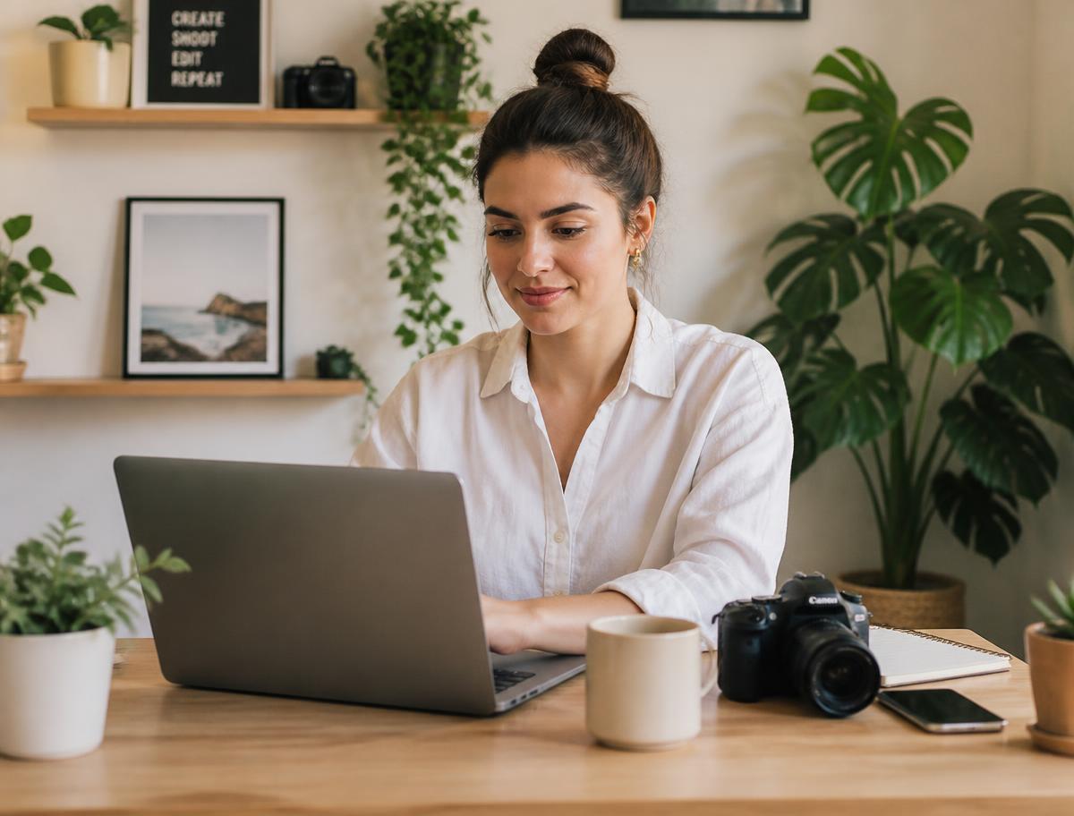 A creator reviewing partner programmes on a laptop at a bright home studio desk