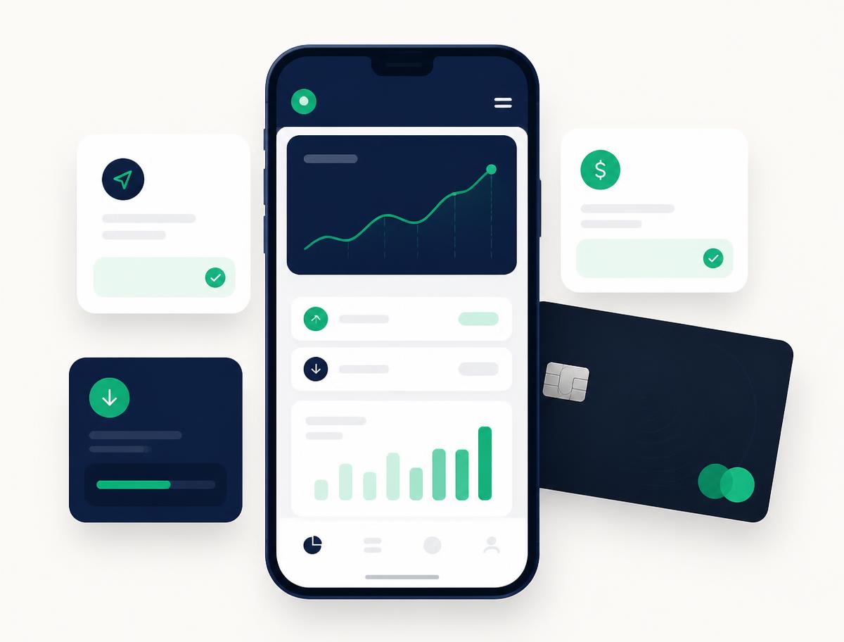 Illustration of a payouts dashboard on a phone beside a payment card
