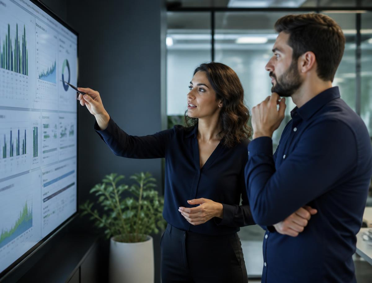 Two colleagues reviewing campaign performance charts on a large office display